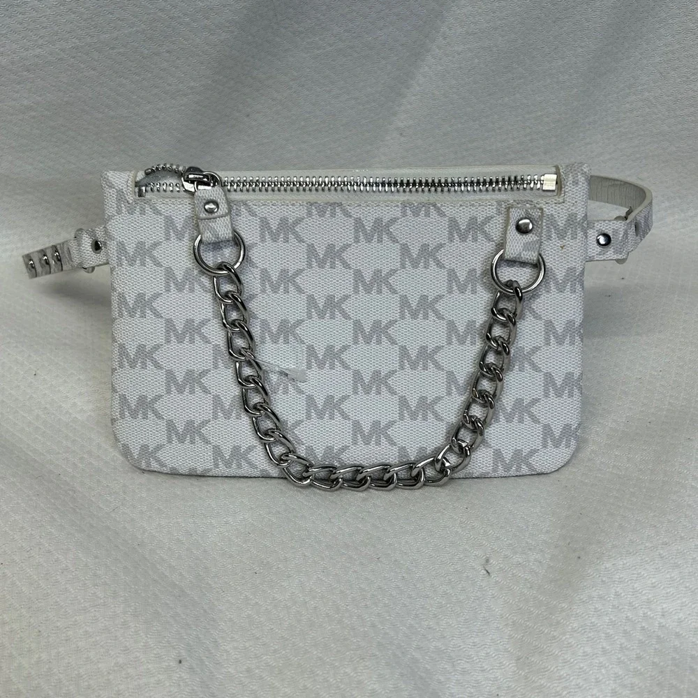 Michael Kors White Monogram Belt Bag Silver Chain Waist Pouch Small 554131 S
